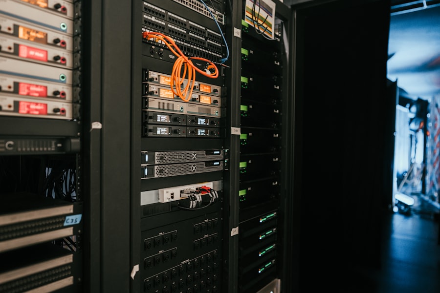 Equipment racks with patch panels, amplifiers and cable management